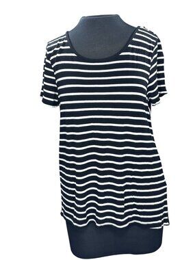 Cable & Gauge Black & White Striped Short Sleeve Top With Button Back Detail